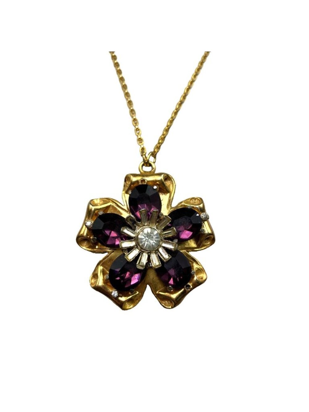 L Vintage 40s Statement Necklace Flower Form Purple Glass